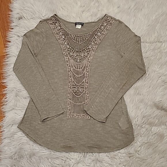 Venus womens dark green cotton long sleeve shirt with beaded and lace front - Picture 1 of 4